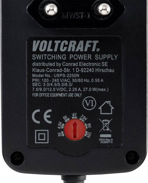 Produktbild: VOLTCRAFT VC-11258710 Steckernetzteil, einstellbar 3 V/DC, 4.5 V/DC, 5 V/DC, 6 V/DC, 7.5 V/DC, 9 V/DC, 12 V/DC 2.25 A 27 W Ausgangsspannung regelbar