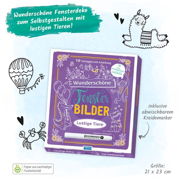 Produktbild: Tr&ouml;tsch Wundersch&ouml;ne Fensterbilder mit Kreidemarker Mappe mit Vorlagen und Kreidemarker Lustige Tiere