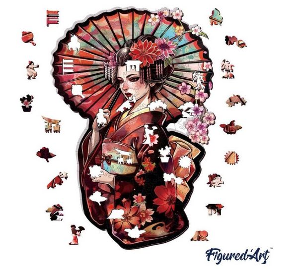 Produktbild: FiguredArt - Holzpuzzle Erwachsene - Geisha mit Sonnenschirm, 200 Teile, 26x39,5 cm
