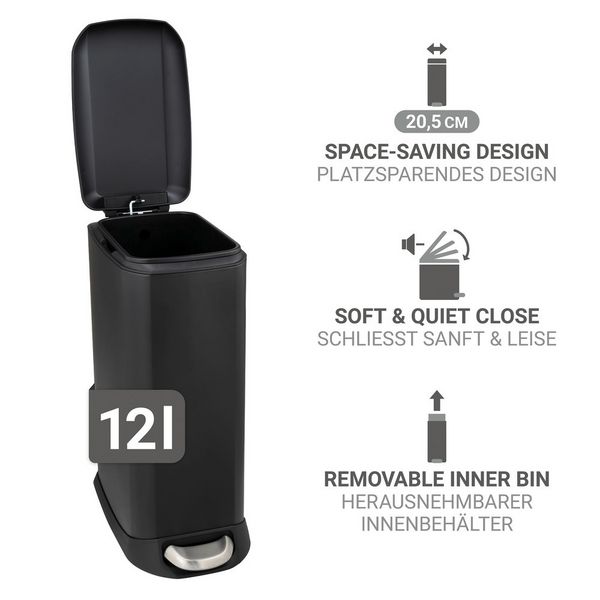 Produktbild: Treteimer Mod. Design 12 L, Easy-Close, Schwarz, mit herausnehmbarem Einsatz
