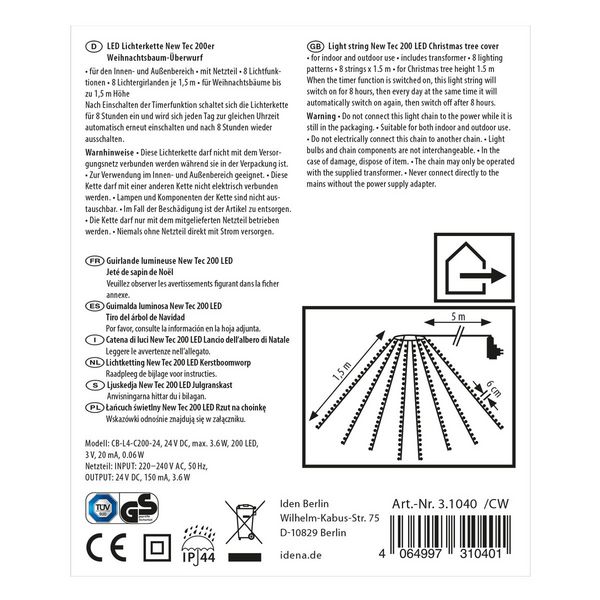 Produktbild: Idena Lichterkette NewTec Weihnachtsbaum-&Uuml;berwurf 200 LED warmwei&szlig; f&uuml;r Innen & Au&szlig;en