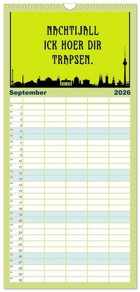 Produktbild: Familienplaner 2026 - Berliner Mundart mit 5 Spalten (Wandkalender, 21 x 45 cm) CALVENDO