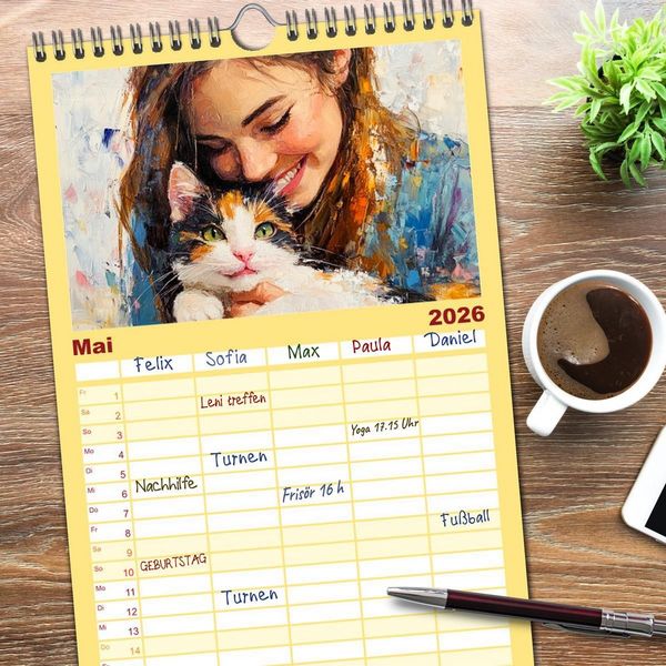 Produktbild: Familienplaner 2026 - Zweisamkeit in Farben. Katzen und Menschen in Harmonie mit 5 Spalten (Wandkalender, 21 x 45 cm) CALVENDO