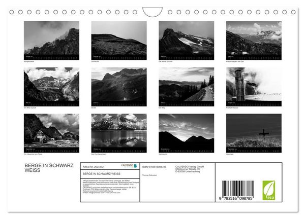 Produktbild: BERGE IN SCHWARZ WEISS (Wandkalender 2026 DIN A4 quer), CALVENDO Monatskalender
