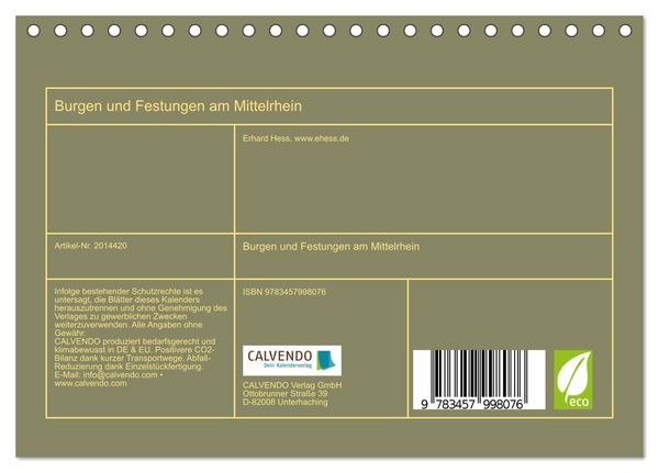 Produktbild: Burgen und Festungen am Mittelrhein (Tischkalender 2026 DIN A5 quer), CALVENDO Monatskalender