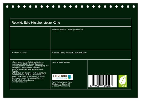 Produktbild: Rotwild. Edle Hirsche, stolze K&uuml;he (Tischkalender 2026 DIN A5 quer), CALVENDO Monatskalender