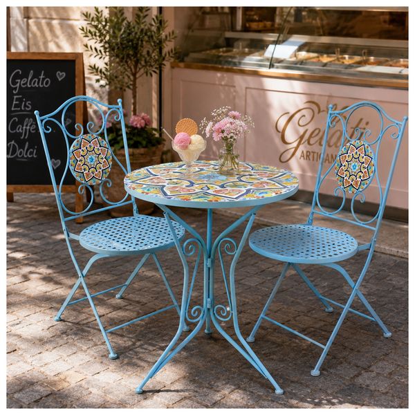 Produktbild: HTI-Living Bistro Sitzgruppe Metall blau Tisch mit 2 St&uuml;hlen Balkon Set Gartenm&ouml;bel Mosaik