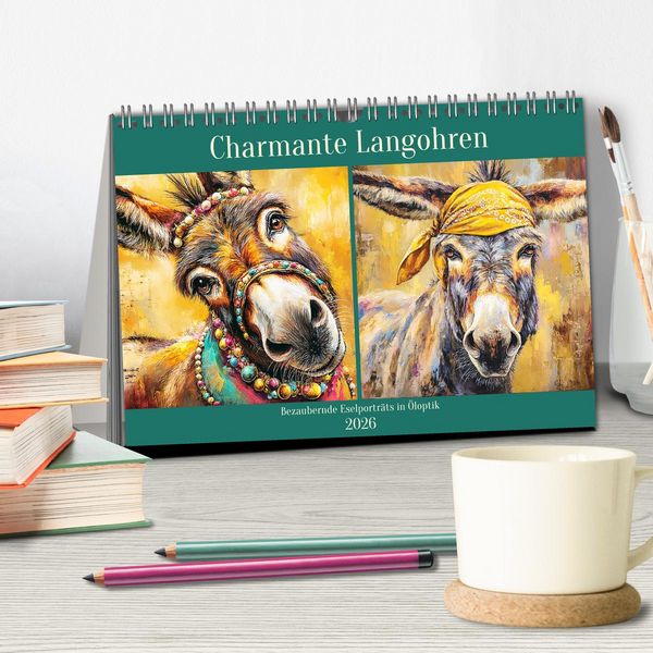 Produktbild: Charmante Langohren. Bezaubernde Eselportr&auml;ts in &Ouml;loptik (Tischkalender 2026 DIN A5 quer), CALVENDO Monatskalender