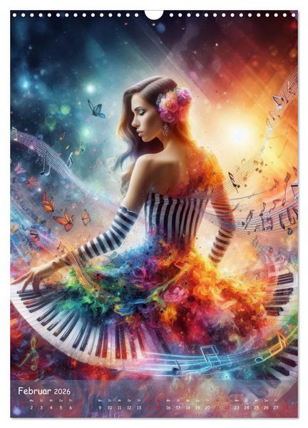 Produktbild: Musikalische Magie &ndash; Frauen in klangvollen Kleidern aus Noten und Farbe (Wandkalender 2026 DIN A3 hoch), CALVENDO Monatskalender