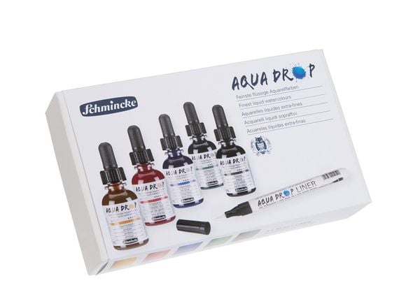 Produktbild: Schmincke AQUA DROP Aquarellfarbe, Kartonset lasierende Farbt&ouml;ne, 5 x 30 ml Flaschen + LINER mit Pinselspitze