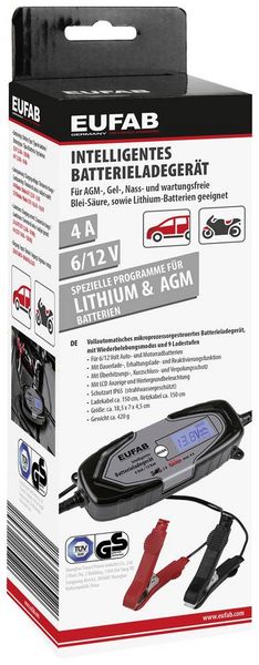 Produktbild: Eufab Intelligentes Batterieladeger&auml;t 6/12V 4A, auch f&uuml;r Lithiumbatterien 16647 Kfz-Ladeger&auml;t, Automatikladeger&auml;t 12 V, 6 V 4 A
