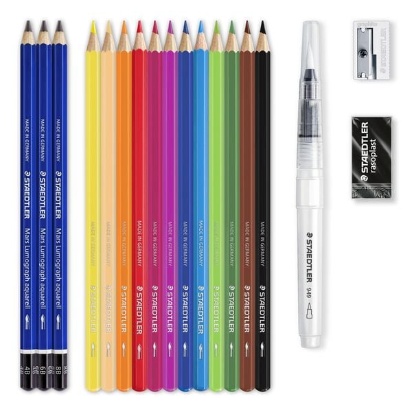 Produktbild: STAEDTLER Mixed Set Aquarell 3 Bleistifte, 12 Farbstifte, 1 Wasserpinsel, 1 Radierer und 1 Metallspitzer