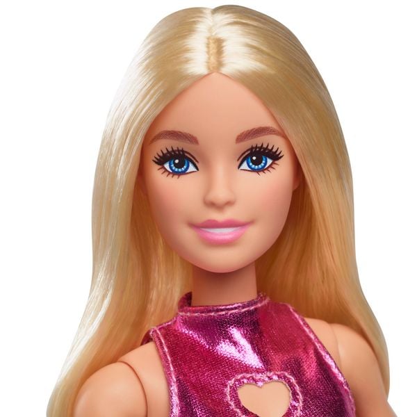 Produktbild: Barbie Fashionista Puppe im pinken Metallic-Kleid mit Herz-Aussparung