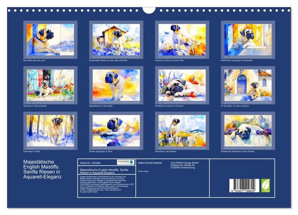 Produktbild: Majest&auml;tische English Mastiffs. Sanfte Riesen in Aquarell-Eleganz (Wandkalender 2026 DIN A3 quer), CALVENDO Monatskalender