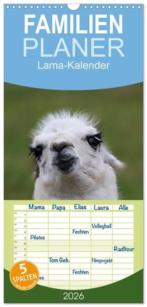 Produktbild: Familienplaner 2026 - Lama-Kalender mit 5 Spalten (Wandkalender, 21 x 45 cm) CALVENDO