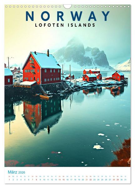 Produktbild: Lofoten - Old School Poster Style (Wandkalender 2026 DIN A3 hoch), CALVENDO Monatskalender