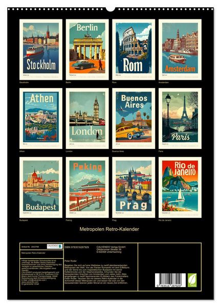 Produktbild: Metropolen Retro-Kalender (hochwertiger Premium Wandkalender 2026 DIN A2 hoch), Kunstdruck in Hochglanz
