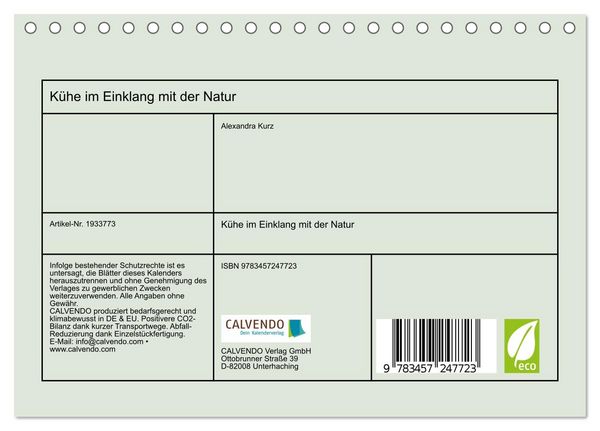 Produktbild: K&uuml;he im Einklang mit der Natur (Tischkalender 2026 DIN A5 quer), CALVENDO Monatskalender