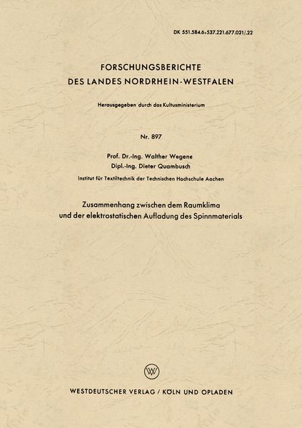 Produktbild: Zusammenhang zwischen dem Raumklima und der elektrostatischen Aufladung des Spinnmaterials