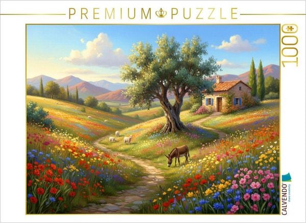 CALVENDO Puzzle Mediterrane Blütenpracht mit Olivenbaum und Esel | 1000 Teile Lege-Größe 64x48cm Foto-Puzzle für glückliche Stunden