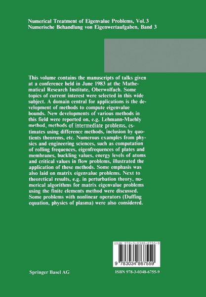 Produktbild: Numerical Treatment of Eigenvalue Problems Vol. 3 / Numerische Behandlung von Eigenwertaufgaben Band 3