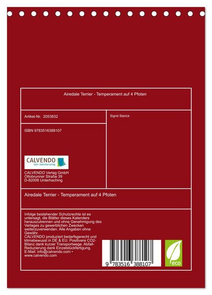 Produktbild: Airedale Terrier - Temperament auf 4 Pfoten (Tischkalender 2026 DIN A5 hoch), CALVENDO Monatskalender