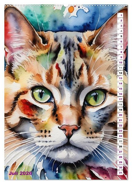 Produktbild: KATZENKALENDER - Aquarell Katzenportraits f&uuml;r Katzenliebhaber (Wandkalender 2026 DIN A2 hoch), CALVENDO Monatskalender