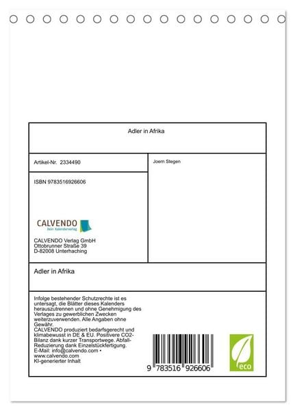 Produktbild: Adler in Afrika (Tischkalender 2027 DIN A5 hoch), CALVENDO Monatskalender