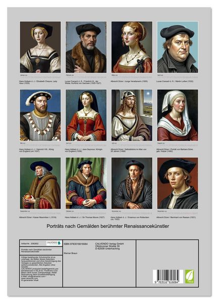 Produktbild: Portr&auml;ts nach Gem&auml;lden ber&uuml;hmter Renaissancek&uuml;nstler (Wandkalender 2026 DIN A3 hoch), CALVENDO Monatskalender