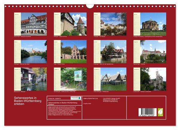 Produktbild: Sehenswertes in Baden-W&uuml;rttemberg erleben (Wandkalender 2026 DIN A3 quer), CALVENDO Monatskalender