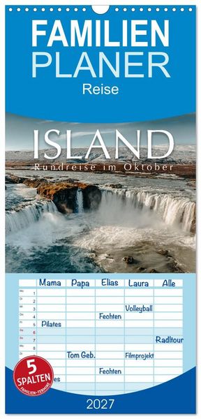 Produktbild: Familienplaner 2027 - Island - Rundreise im Oktober mit 5 Spalten (Wandkalender, 21 x 45 cm) CALVENDO