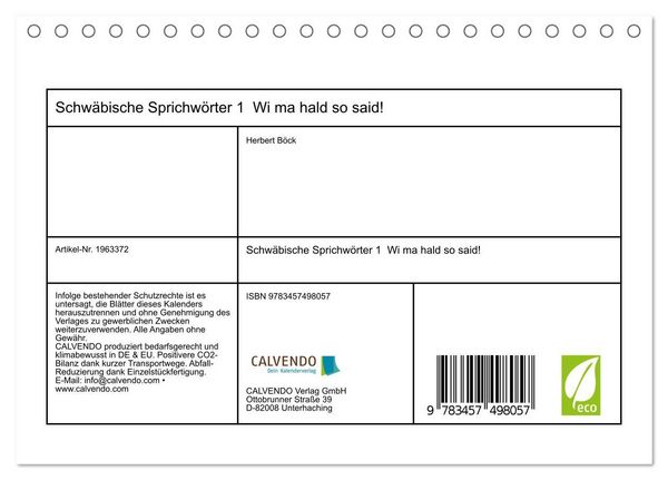 Produktbild: Schw&auml;bische Sprichw&ouml;rter 1 Wi ma hald so said! (Tischkalender 2026 DIN A5 quer), CALVENDO Monatskalender