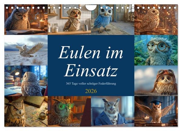 Eulen im Einsatz - 365 Tage voller schräger Federführung (Wandkalender 2026 DIN A4 quer), CALVENDO Monatskalender