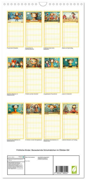 Produktbild: Familienplaner 2026 - Fr&ouml;hliche Kinder. Bezaubernde Schulm&auml;dchen im &Ouml;lbilder-Stil mit 5 Spalten (Wandkalender, 21 x 45 cm) CALVENDO