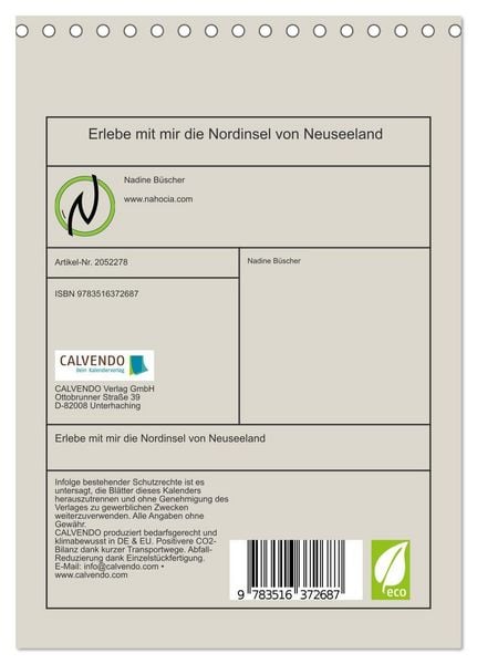Produktbild: Erlebe mit mir die Nordinsel von Neuseeland (Tischkalender 2026 DIN A5 hoch), CALVENDO Monatskalender