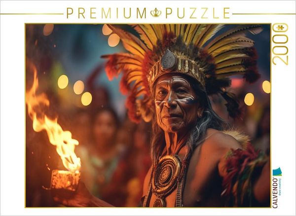 Produktbild: CALVENDO Puzzle Feuerschatten: Indianischer H&auml;uptling in m&auml;chtiger Beschw&ouml;rung | 2000 Teile Lege-Gr&ouml;&szlig;e 90x67cm Foto-Puzzle f&uuml;r gl&uuml;ckliche Stunden