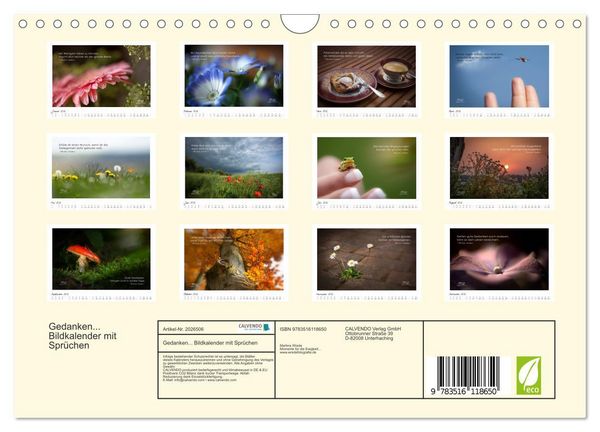 Produktbild: Gedanken... Bildkalender mit Spr&uuml;chen (Wandkalender 2026 DIN A4 quer), CALVENDO Monatskalender