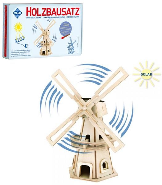 PEBARO 834/1 - Solar Holzbausatz Windmühle, 34-teilig, Holzkonstruktion mit solarangetriebenem Windrad