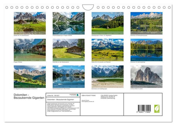 Produktbild: Dolomiten - Bezaubernde Giganten (Wandkalender 2026 DIN A4 quer), CALVENDO Monatskalender