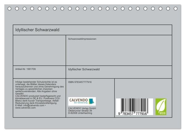 Produktbild: Idyllischer Schwarzwald (Tischkalender 2026 DIN A5 quer), CALVENDO Monatskalender