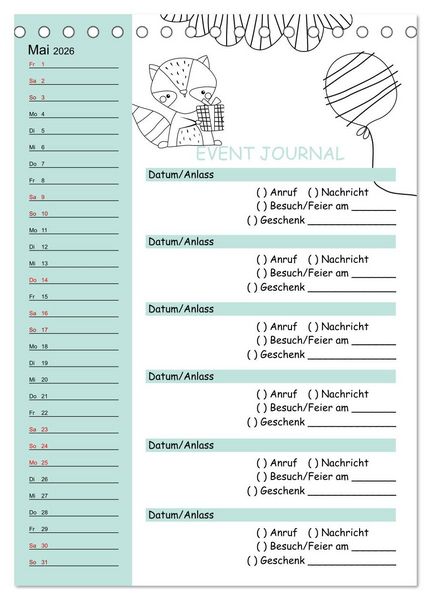 Produktbild: Geburtstagsplaner Doodle Tiere - F&uuml;r Termine, Geschenke, Eventdetails & mehr (Tischkalender 2026 DIN A5 hoch), CALVENDO Monatskalender