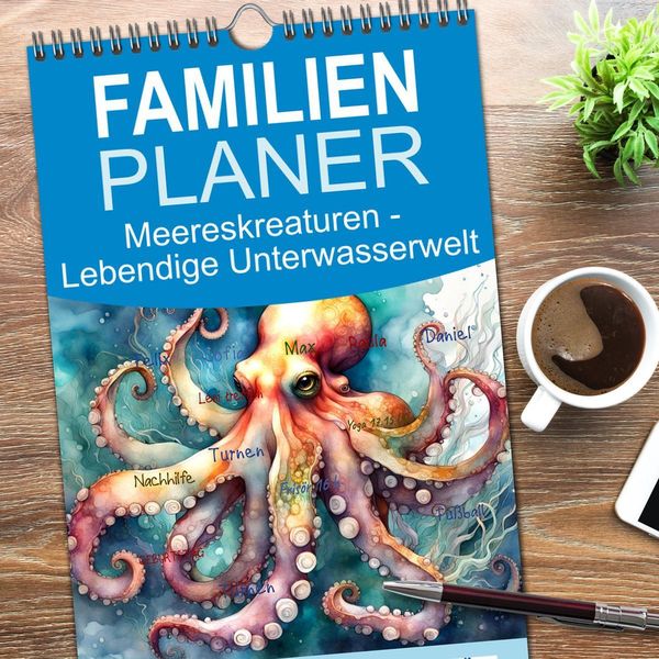 Produktbild: Familienplaner 2026 - Meereskreaturen - Lebendige Unterwasserwelt mit 5 Spalten (Wandkalender, 21 x 45 cm) CALVENDO