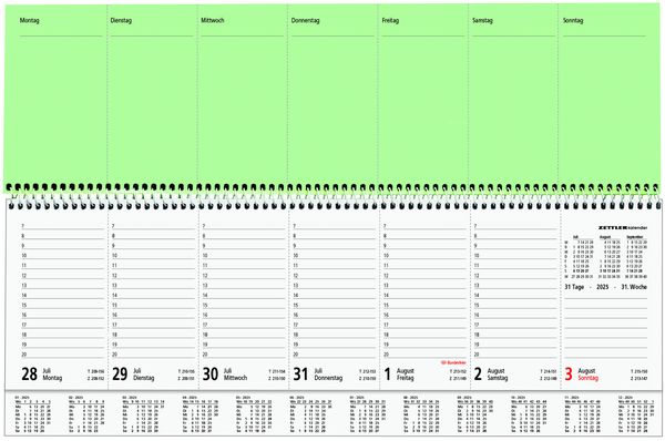 'Tischquer-Kalender 2025 36,2x13,6 - 1W/2S grün/weißes Papier - verlängerte Rückwand - grün 