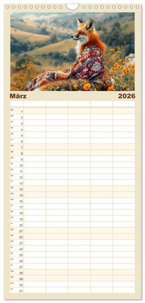 Produktbild: Familienplaner 2026 - Fuchsige Eskapaden. Reineke mit noblen Accessoires mit 5 Spalten (Wandkalender, 21 x 45 cm) CALVENDO