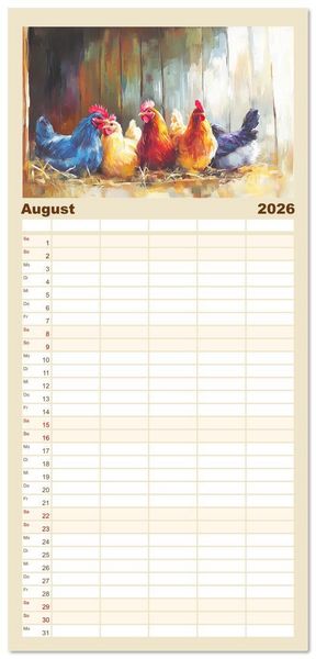 Produktbild: Familienplaner 2026 - Im Glanz der Federn. Sch&ouml;ne H&uuml;hner in malerischer Harmonie mit 5 Spalten (Wandkalender, 21 x 45 cm) CALVENDO