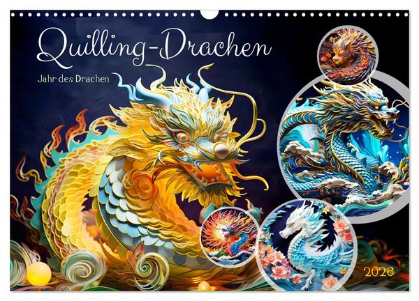 Produktbild: Quilling-Drachen - Jahr des Drachen (Wandkalender 2026 DIN A3 quer), CALVENDO Monatskalender