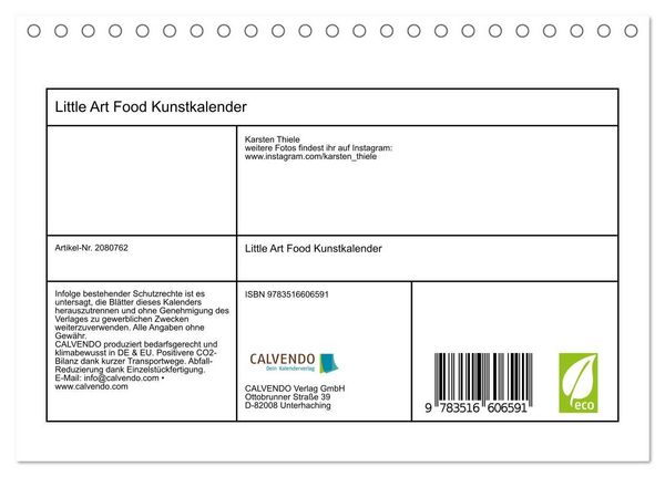Produktbild: Little Art Food Kunstkalender (Tischkalender 2026 DIN A5 quer), CALVENDO Monatskalender