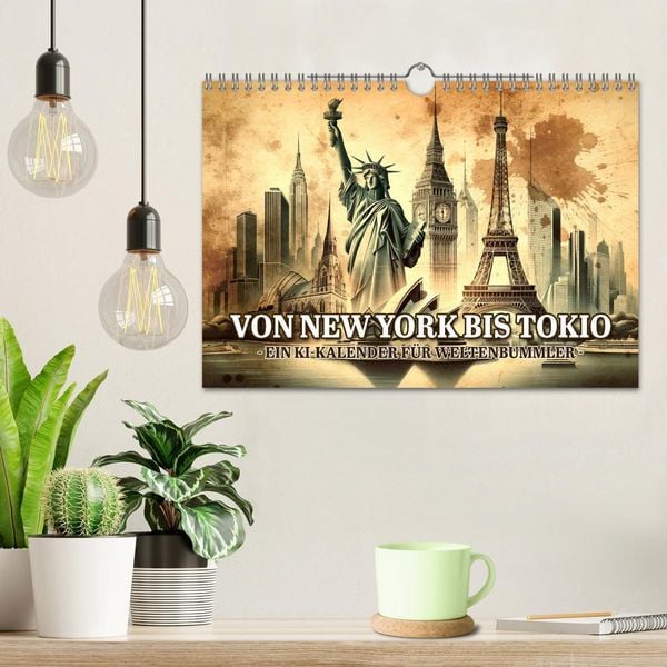 Produktbild: Von New York bis Tokio - Ein KI-Kalender f&uuml;r Weltenbummler (Wandkalender 2026 DIN A4 quer), CALVENDO Monatskalender