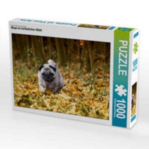 CALVENDO Puzzle Mops im herbstlichen Wald | 1000 Teile Lege-Größe 64x48cm Foto-Puzzle für glückliche Stunden