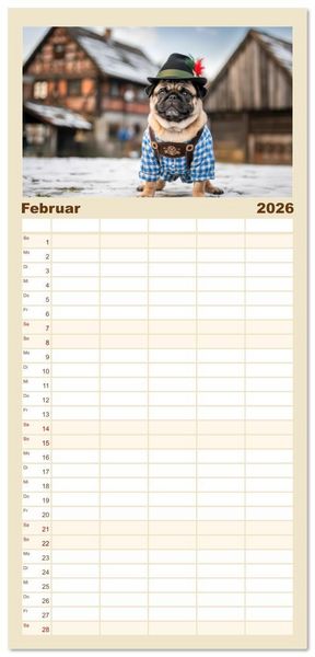 Produktbild: Familienplaner 2026 - Eine Mopsige Weltreise mit 5 Spalten (Wandkalender, 21 x 45 cm) CALVENDO